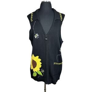 Quacker Factory Knit Sweater Vest Cardigan Bees and Sunflower Beaded Sequins L